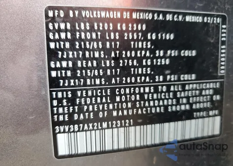 2020 Volkswagen Tiguan Se из США, поврежденный, VIN 3VV3B7AX2LM123121